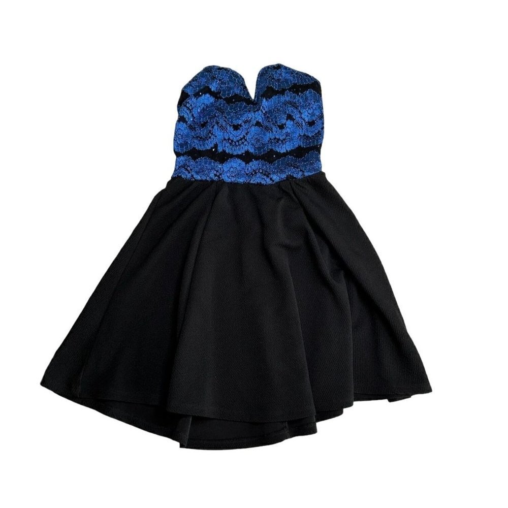 Charlotte black and blue lace sweetheart strapless mini‎ flair dress, size small